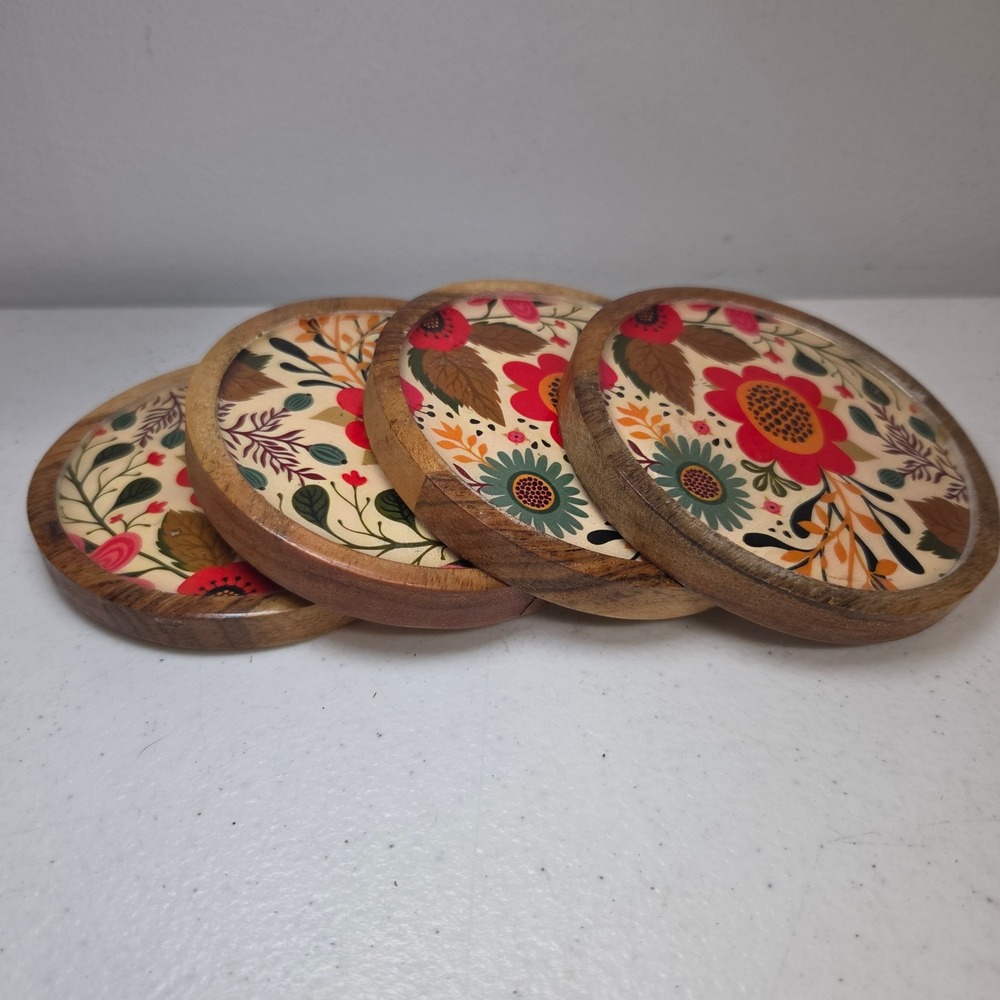 4pc Floral Wood Coasters Round Mango Wood Resin Inlay Folk Art Style Multi Color